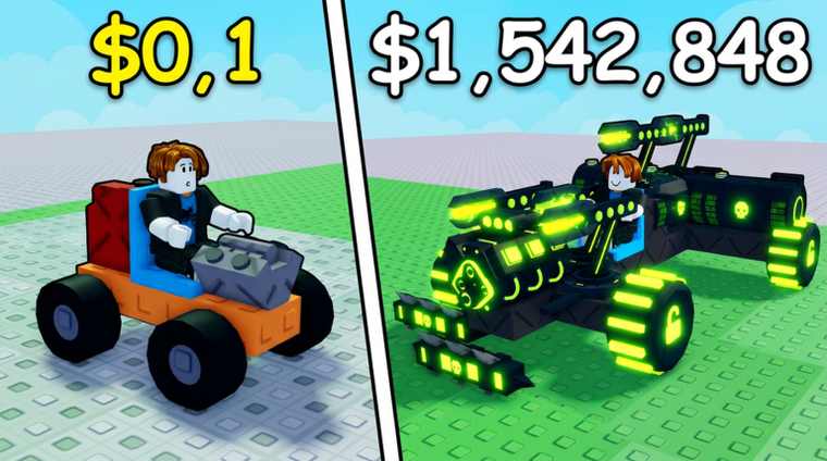 A starter kart next to a fully built neon-green Hacker car on a Roblox baseplate